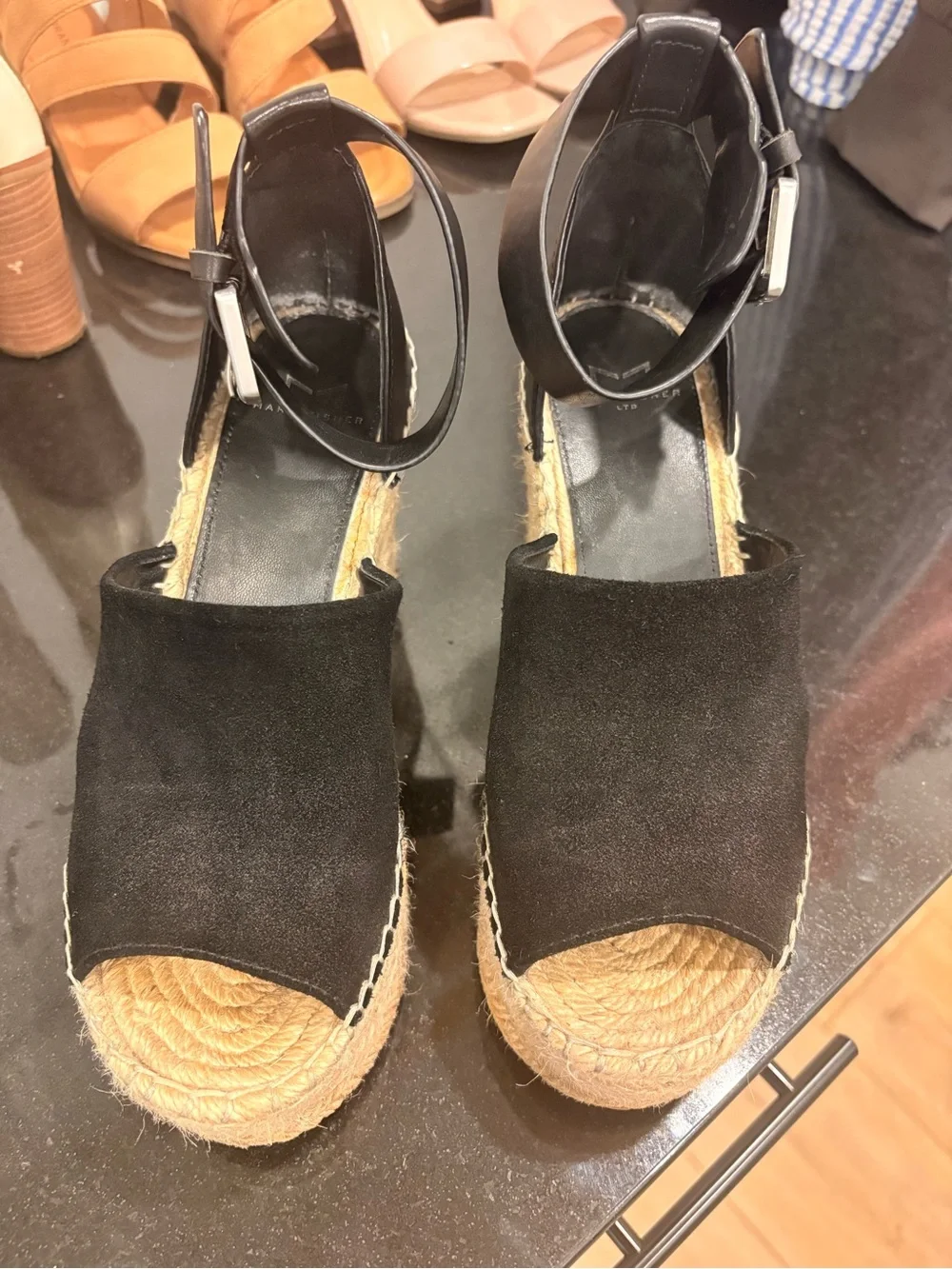 Black Espadrille Wedge Sandals with Ankle Strap size 6 Marc Fisher